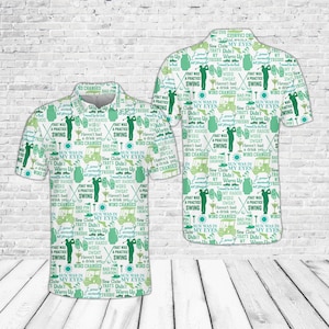 May include: Two white golf polo shirts with a repeating pattern of golf-related graphics and text in green. The text includes phrases like "That was a practice swing" and "My eyes".