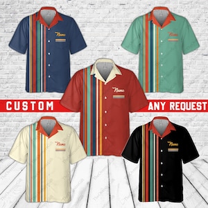 Personalized Retro Bowling Pocket Hawaiian Shirt, Custom Name Bowler Button Down Shirt, Matching Bowling Team Shirt, Bowling Lover Gift