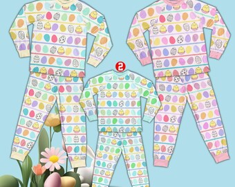 Conjunto de pijamas Happy Easter Eggs, conjunto de pijama de duas peças de manga comprida para caça aos ovos de Páscoa, conjunto de pijamas de família para caça aos ovos e pijamas de Páscoa combinando