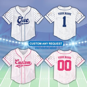 May include: Four baseball jerseys with pinstripes. Two are white with navy blue accents and the other two are white with pink accents. The jerseys have text that says "One", "Custom", "Your Name", and the number "1" and "00". The text "CUSTOM ANY REQUEST KID/YOUTH/ADULT" is also visible.