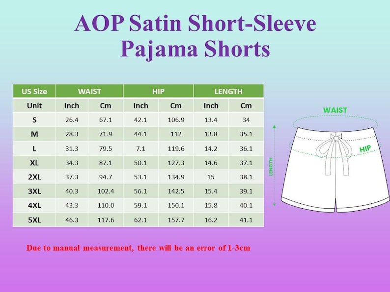 K&ouml;nnte beinhalten: Bild von AOP Satin Kurzarm-Pyjamahosen mit Gr&ouml;&szlig;entabelle. Die Tabelle enth&auml;lt Taillen-, H&uuml;ft- und L&auml;ngenma&szlig;e in Zoll und Zentimetern. Die Shorts sind in einer Strichzeichnung mit Kordelzug in der Taille dargestellt.