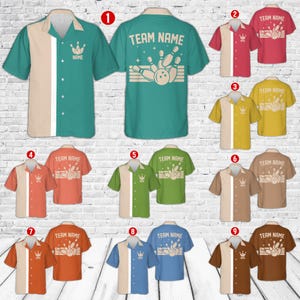 Camicia hawaiana retrò da bowling personalizzata, camicia con bottoni con nome personalizzato per giocatore di bowling, maglietta della squadra di bowling abbinata, regali per gli amanti del bowling