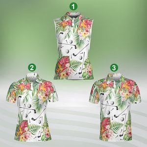 Tropical Hawaiian Golf Polo Shirt, Men Women Golf Polo Shirt, Summer Golf Outfit, Sleeveless or Short Sleeve, Team Uniform, Gift for Golfers
