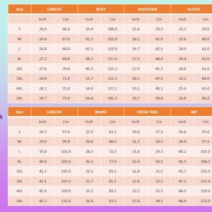 K&ouml;nnte beinhalten: Eine Gr&ouml;&szlig;entabelle f&uuml;r ein AOP (All Over Print) Satin-Pyjama-Set mit langen &Auml;rmeln. Die Ma&szlig;e sind in Zoll und Zentimetern f&uuml;r die Gr&ouml;&szlig;en S bis 5XL angegeben, einschlie&szlig;lich L&auml;nge, Brustumfang, Taille und H&uuml;fte.