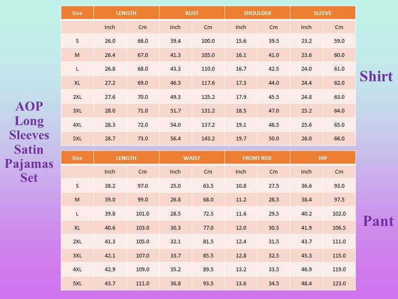 K&ouml;nnte beinhalten: Eine Gr&ouml;&szlig;entabelle f&uuml;r ein AOP (All Over Print) Satin-Pyjama-Set mit langen &Auml;rmeln. Die Ma&szlig;e sind in Zoll und Zentimetern f&uuml;r die Gr&ouml;&szlig;en S bis 5XL angegeben, einschlie&szlig;lich L&auml;nge, Brustumfang, Taille und H&uuml;fte.