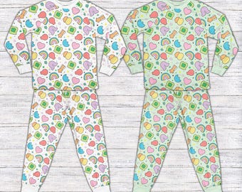 Pigiama per il giorno di San Patrizio, pigiama a due pezzi a maniche lunghe con motivo a trifoglio arcobaleno Lucky Shamrock, pigiama con motivo a trifoglio verde Lucky Charm, abbigliamento da casa per il giorno irlandese