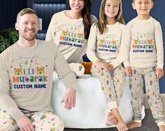 Personalized Ramadan Mubarak Pajamas, Custom Name Eid Mubarak Pajamas, Ramadan Kareem Long Sleeve Two Piece Pajama, Muslim Family Loungewear