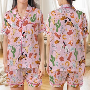 Cowgirl Western Satin Pajama Set, Western Desert Cow Skull Cactus Pajama Set, Cowgirl Summer Loungewear Set, Vintage Western Nightwear Gift