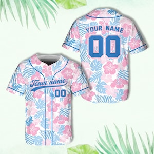 Personalized Hawaiian Baseball Jersey, Custom Team Name Number, Tropical Hibiscus Palm Leaves Baseball Jersey, Summer Vacation Team Uniform