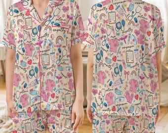 Nurse Life Satin Pajama Set, Coquette Bow Nurse Women Pajama Set, CNA RN Nurse Pajamas, Medical Assistant Pajamas, Nurse Appreciation Gift