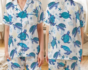 Cute Sea Turtle Pajamas Set for Women, Ocean Life Pajama Set, Turtle Lover Gift, Summer Home Wear, Short Long Sleeve Sleepwear