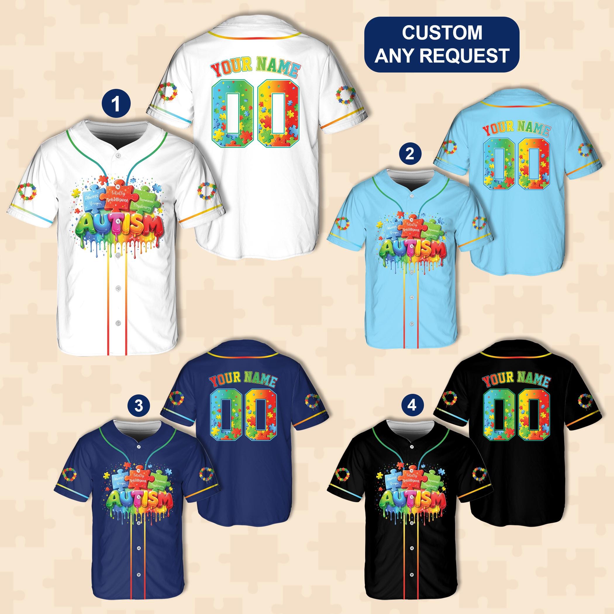 Discover Personalized Autism Awareness Baseball Jersey, Custom Name Rainbow Puzzle Piece Jersey, Autism Family, Support Autism Gift