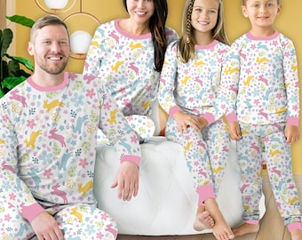 Pastel Easter Bunny Pajamas, Happy Easter Cute Bunny With Spring Flowers Long Sleeve Two Piece Pajama Set, Matching Family Easter Loungewear
