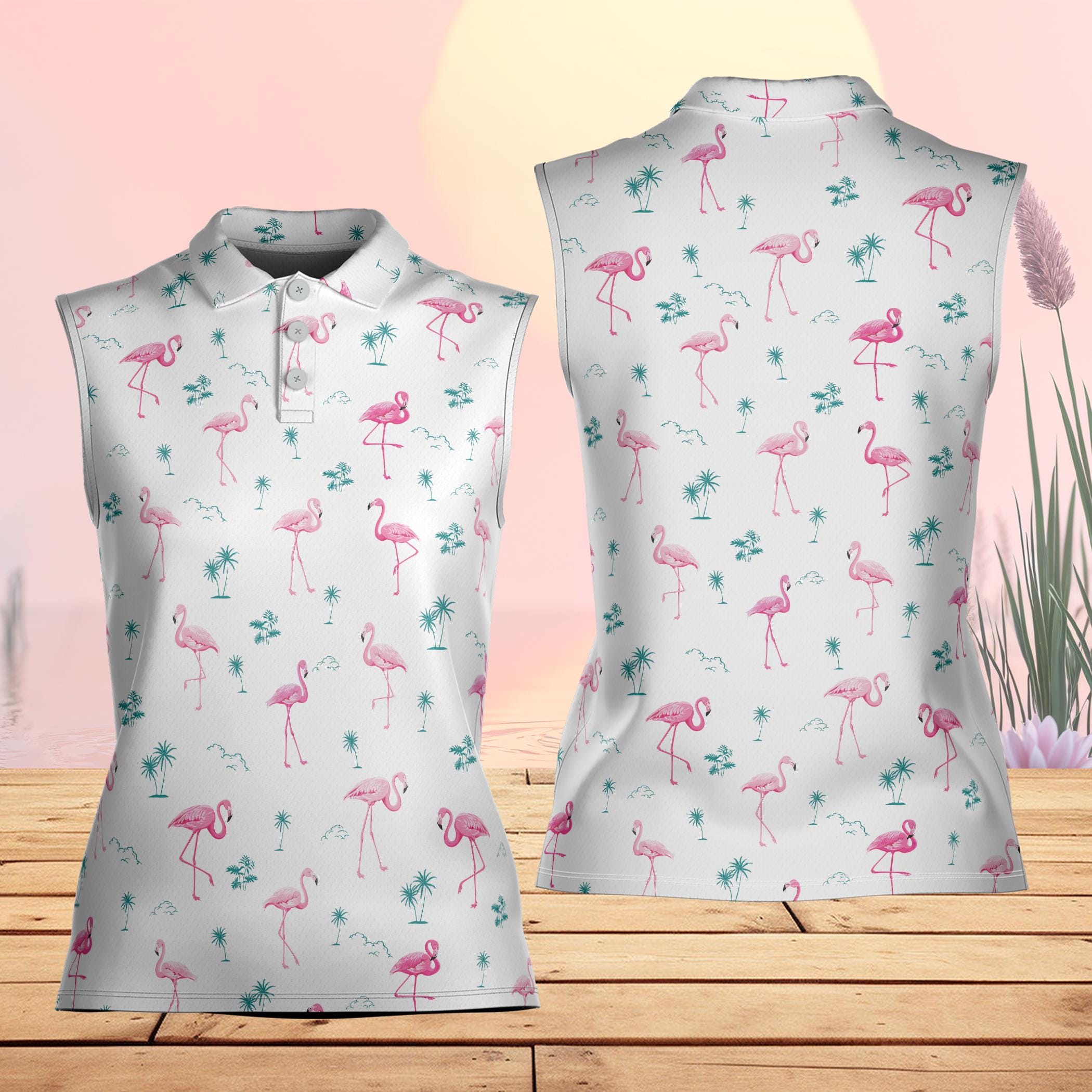 Flamingo Tropical Golf Polo Shirt, Summer Beach Party Men Women Polo, Summer Sleeveless Polo, Vacation Golf Shirt For Golfers, Golf Team