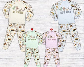 Christian Easter Pajamas, He Is Risen Christian Easter Bible Verse Long Sleeve Two Piece Pajama, Jesus Religious Christian Easter Pajamas