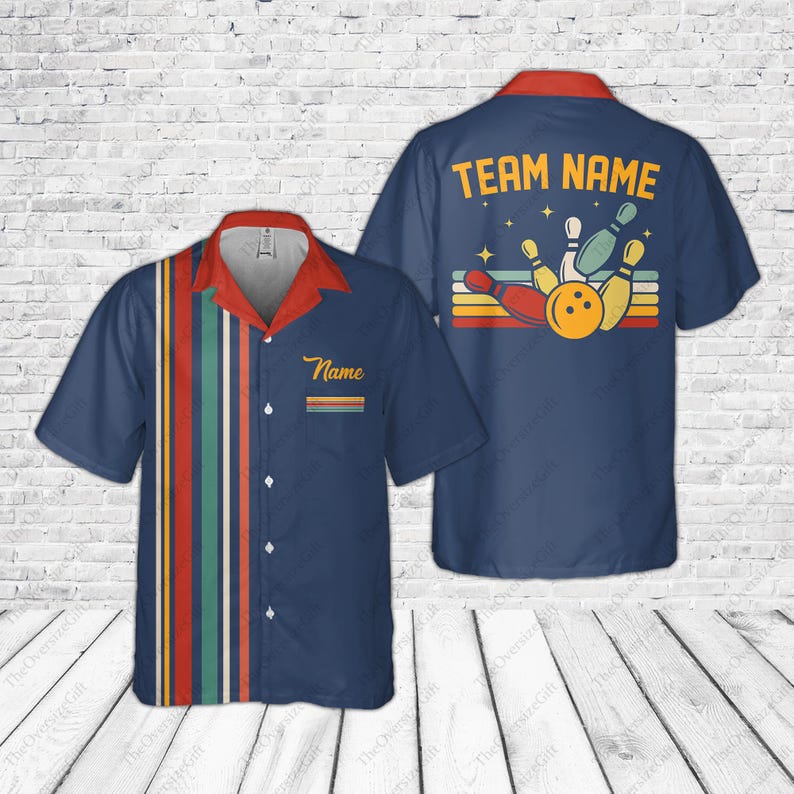 Custom Blue Retro Hawaiian Bowling Shirts For Men, Custom Retro Bowling Team Shirts BE0088 main image 0