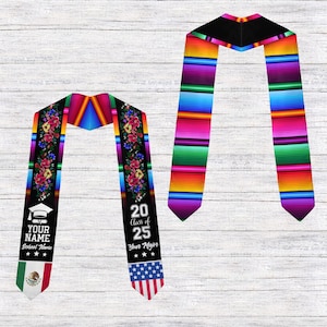 Personalized Mexican Graduation Stole, Custom Mexican Serape Graduation Stole, Mexican American Flag Graduation Sash, College Graduate Gift
