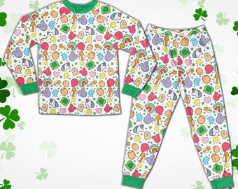 Pigiama per San Patrizio, pigiama verde trifoglio Lucky Clover, pigiama irlandese a maniche lunghe per San Patrizio, pigiama Lucky Vibes