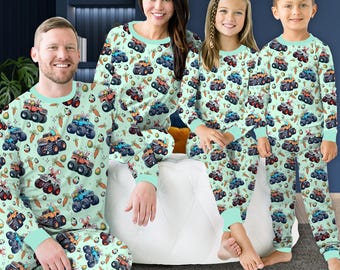 Easter Bunny Monster Truck Pajamas, Easter Monster Truck Carrot Easter Eggs Long Sleeve Two Piece Pajama Set, Kids Family Easter Pajamas Set