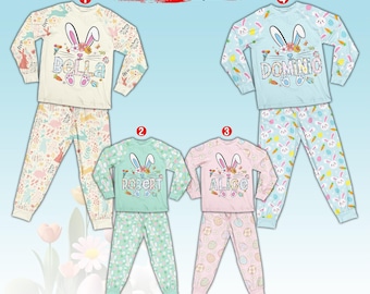 Custom Name Easter Bunny Pajamas, Kids Personalized Easter Bunny Rabbit Long Sleeve Two Piece Pajama, Matching Family Easter Loungewear Set