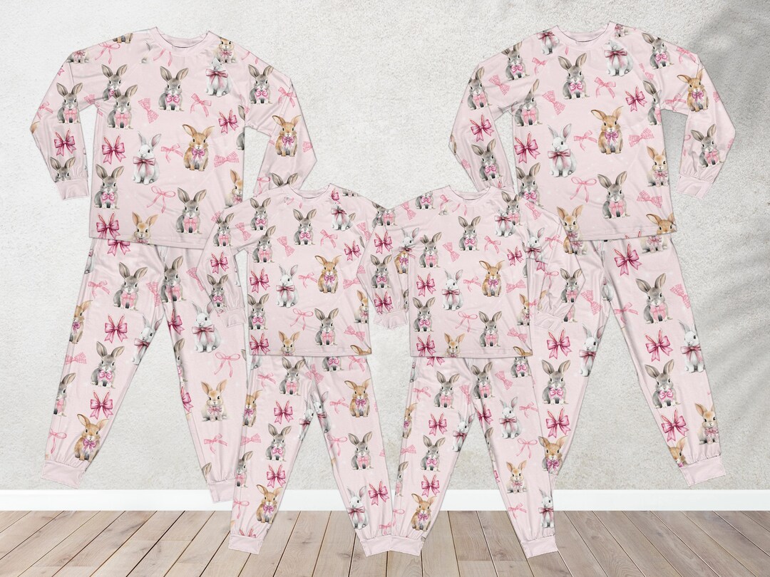 Easter Rabbit Pajamas Set, Cute Pink Bow Coquette Bunny Long Sleeve Two ...
