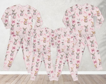 Easter Rabbit Pajamas Set, Cute Pink Bow Coquette Bunny Long Sleeve Two Piece Pajama Set, Matching Family Easter Pajamas, Holiday Pajamas