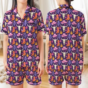 Western Cowgirl Satin Pajama Set, Western Bull Skull Cactus Pajamas, Cowgirl Vibes Sleepwear, Let&#39;s Go Girls Pajama Set, Cowgirl Country PJs