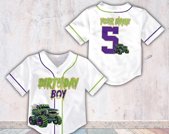 Custom Monster Truck Birthday Baseball Jersey, Personalized Name Number Birthday Jersey, Monster Truck Birthday Party Outfit for Kids Family