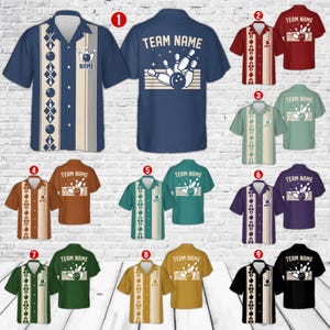 Camicia hawaiana retrò da bowling personalizzata, camicia con bottoni con nome personalizzato per giocatore di bowling, maglietta della squadra di bowling abbinata, regali per gli amanti del bowling