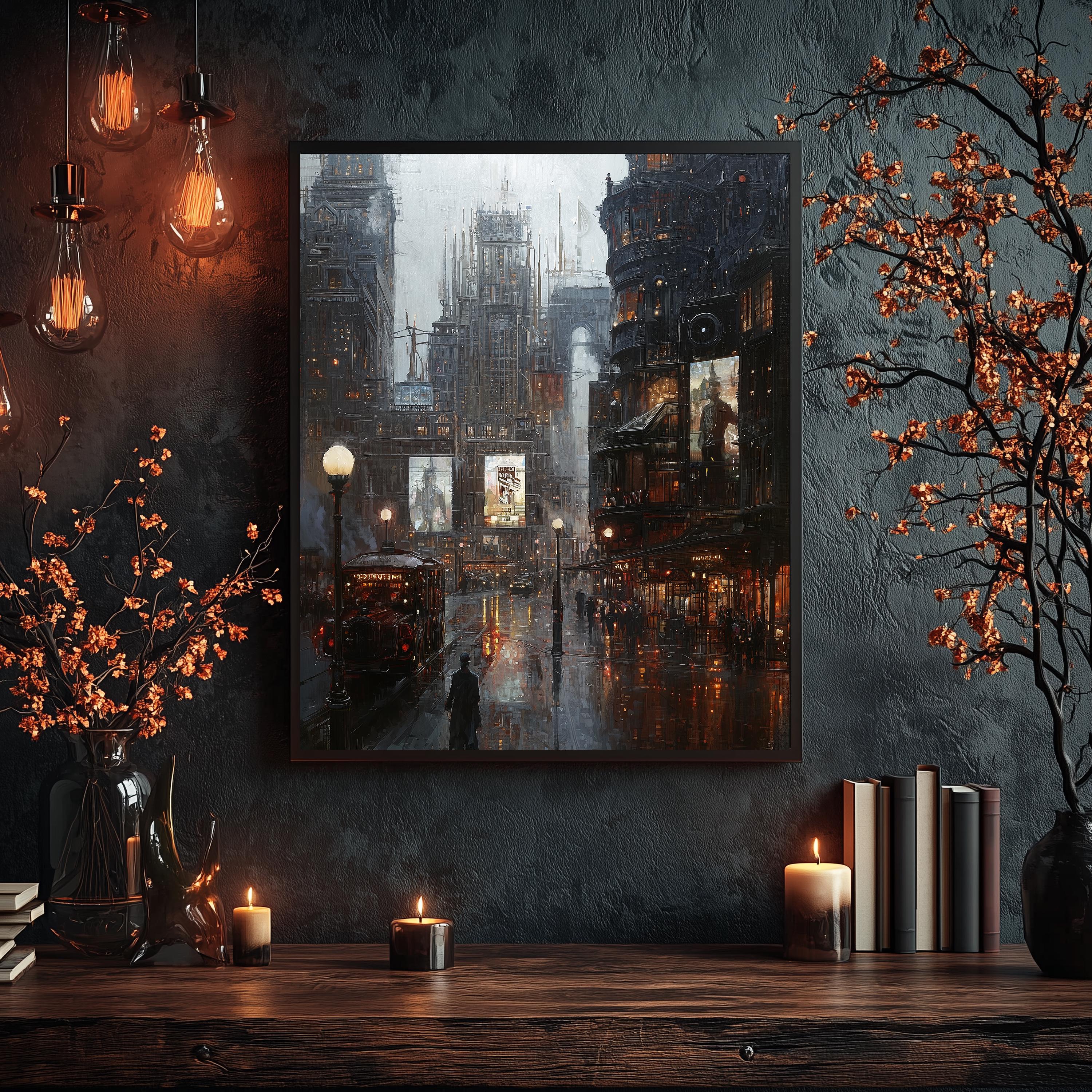 Gothic London City Wall Art Printable, Victorian Cyberpunk Night Scene ...