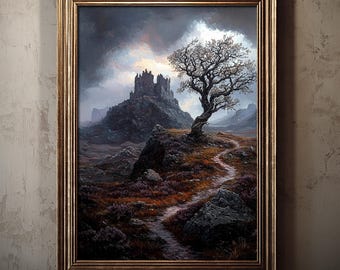 Misty Castle Path – Fantasy Landscape Art Print, Dark Academia Wall Decor, Digital Download Poster