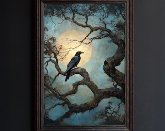 Gothic Raven Moon Art Print: Witchy Forest Scene (Digital Download)