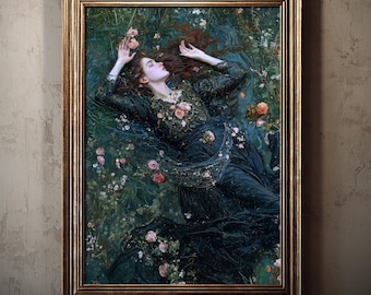 Ophelia in Bloom – Dark Academia, Romantic Floral Portrait, Literary Wall Art Digital Download