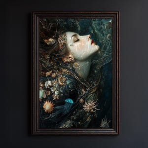 Portret wiedźmy morskiej – mistyczna czarownica oceaniczna, wydruk ścienny w stylu mrocznej fantazji