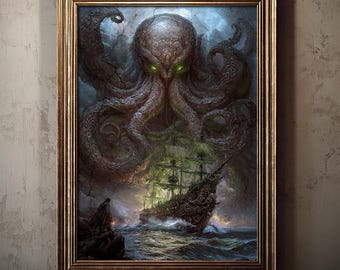 Cthulhu Horror Art Print – Ancient Kraken, kosmisch oceaanmonster, donkere fantasie Lovecraftian muurkunst