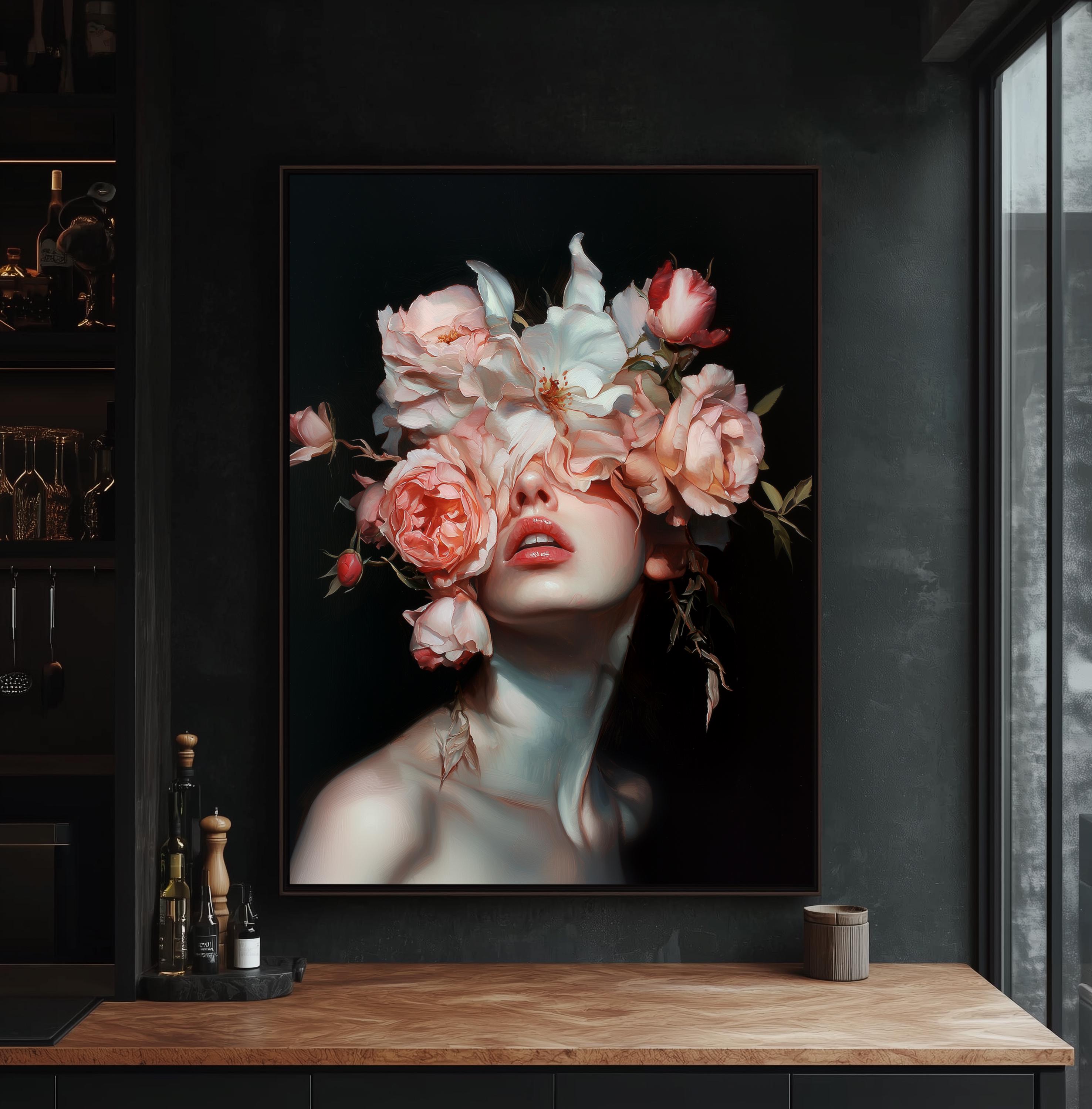 Floral Portrait Art Print – Gothic Feminine Face With Roses (digital ...