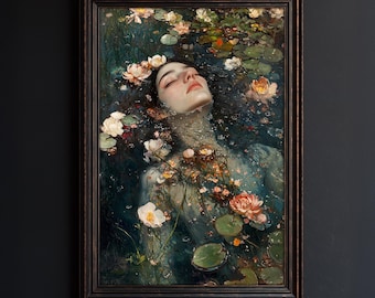 Ophelia Gothic Art Print: Dark Academia Woman in Water (Digital Download)