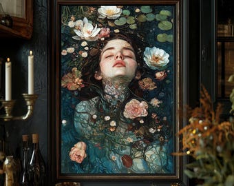 Ophelia Floral Portrait, Gothic Woman in Water Art (Digital Download)