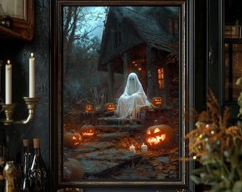 Ghost at Haunted Cabin Print: Victorian Gothic Halloween Decor (Digital Download)