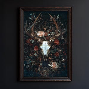 Gothic Deer Skull Floral Wall Art – Dark Forest Antler Print | Witchcore Nature Decor