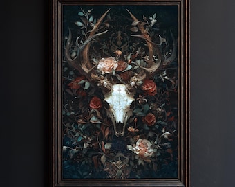 Gotische kunst aan de muur met hertenschedel – print donker bosgewei | Witchcore-natuurdecor