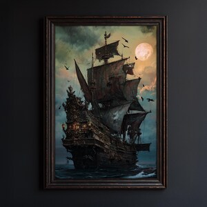 Arte mural de barco embrujado gótico: decoración náutica oscura, barco embrujado en el mar con luna llena, descarga digital imprimible