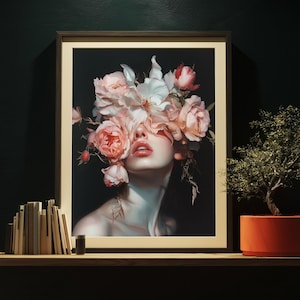 Surreal Floral Portrait Wall Art – Dark Feminine Aesthetic, Digital Download, Botanical Fantasy Face with Roses, Gothic Printable Art