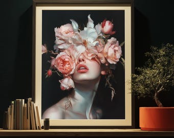 Floral Portrait Art Print – Gothic Feminine Face with Roses (Digital Download)