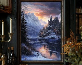 Gothic Snow Castle Lake Print: Dark Winter Fantasy Landscape (Digital Download)