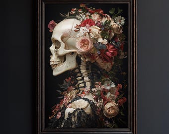 Gothic Floral Skull Print: Dark Academia Skeleton Wall Art (Digital Download)