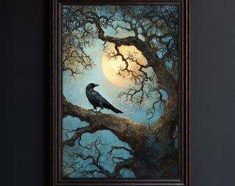 Dark Raven Moon Halloween Art Print: Witchy Gothic Forest Scene (Digital Download)