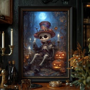 May include: A framed Halloween painting shows a skeleton figure in a top hat, seated and holding a candle. The background features a forest, a full moon, and lit pumpkins. The artwork is framed in a black wooden frame.