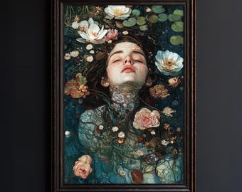 Ophelia Floral Portrait: Gothic Woman in Water Art (Digital Download)
