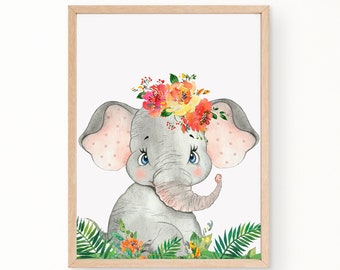 Elephant Nursery Print, Baby Room Decor, Safari Nursery Decor, Kids Canvas Wall Art, Safari Baby Shower Gift, Nursery Wall Art, Tropical Art